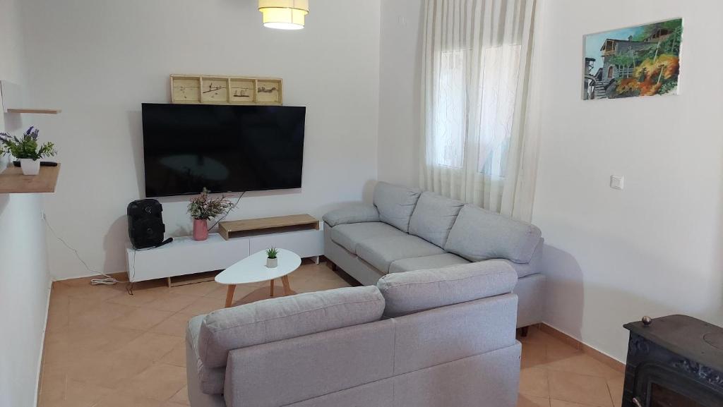 a living room with a couch and a tv at Thanos home corfu in Kynopiástai