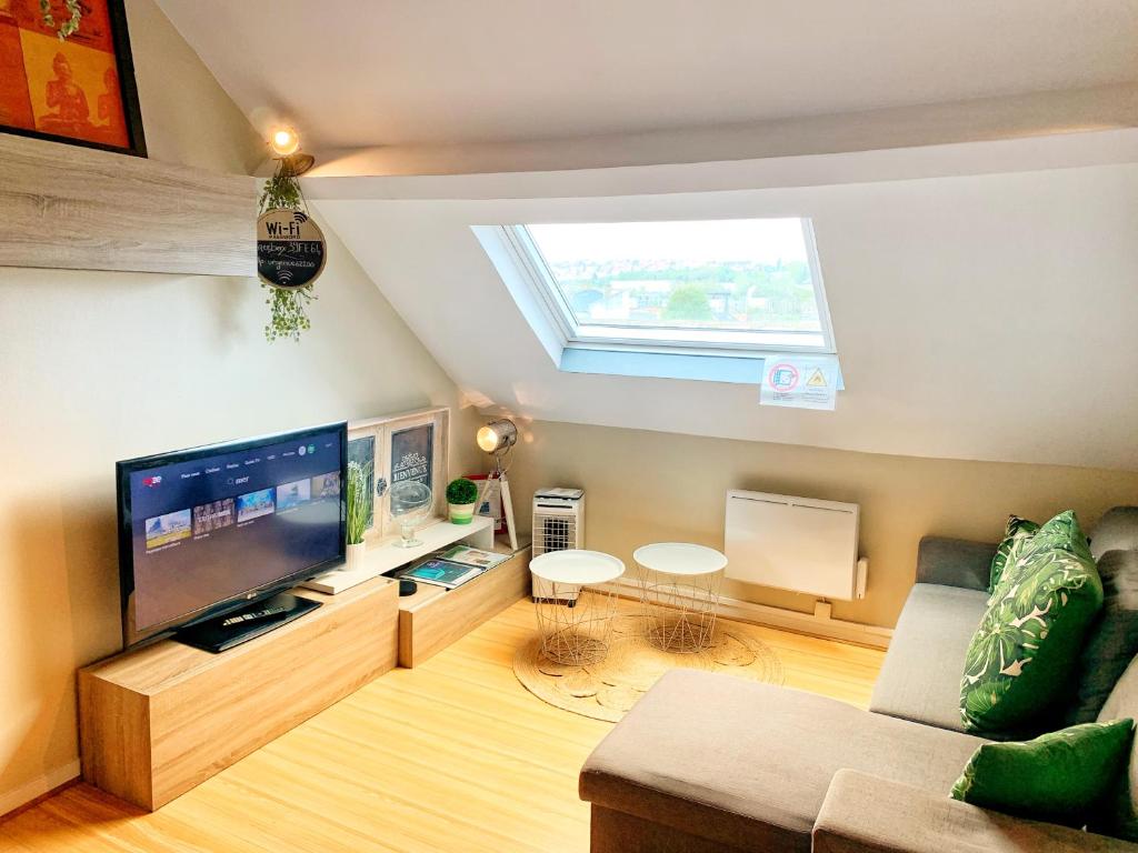 a living room with a large flat screen tv at Appartement agreable et zen in Boulogne-sur-Mer