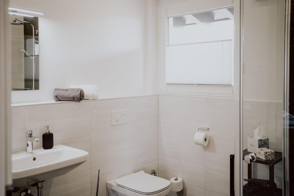 Weisweil的住宿－Kaiserstuhl，白色的浴室设有卫生间和水槽。