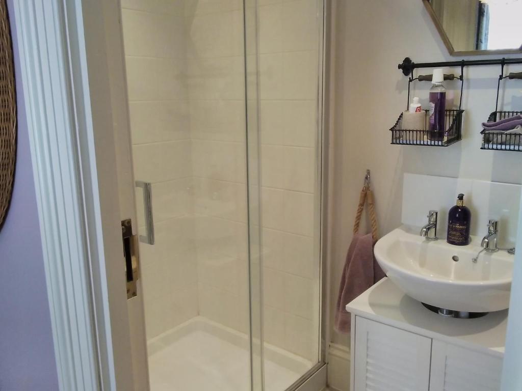 a bathroom with a shower and a sink at The Old Rectory in Dorchester