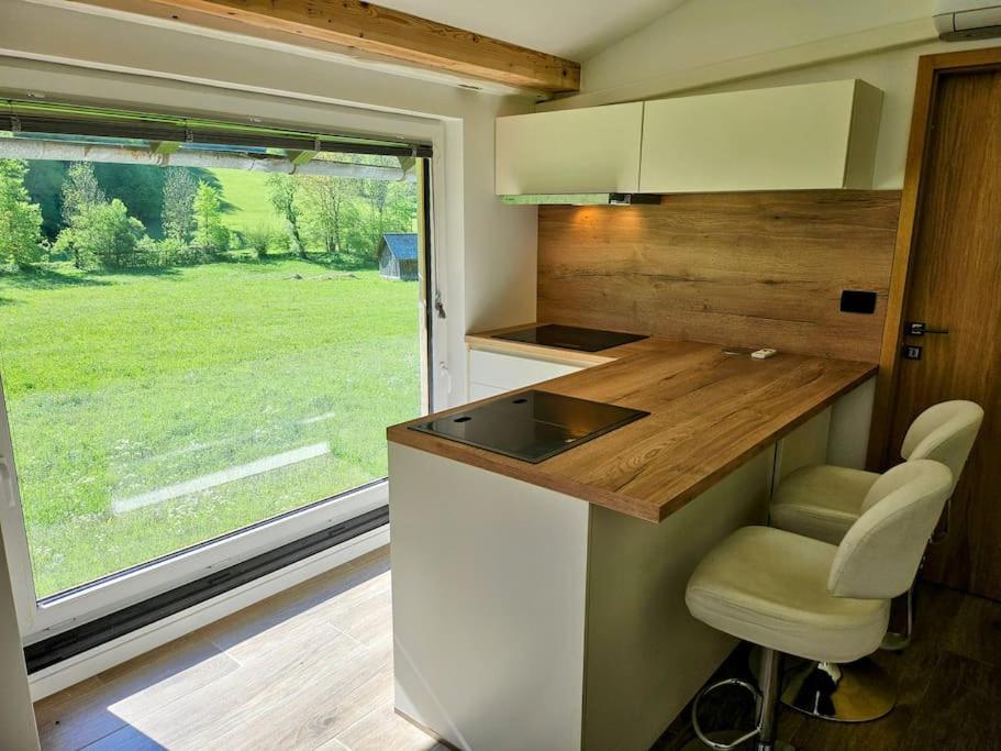 a kitchen with a counter with a sink and a window at Big Windows, Endless Views by Pintar Apartments in Bohinjska Bela