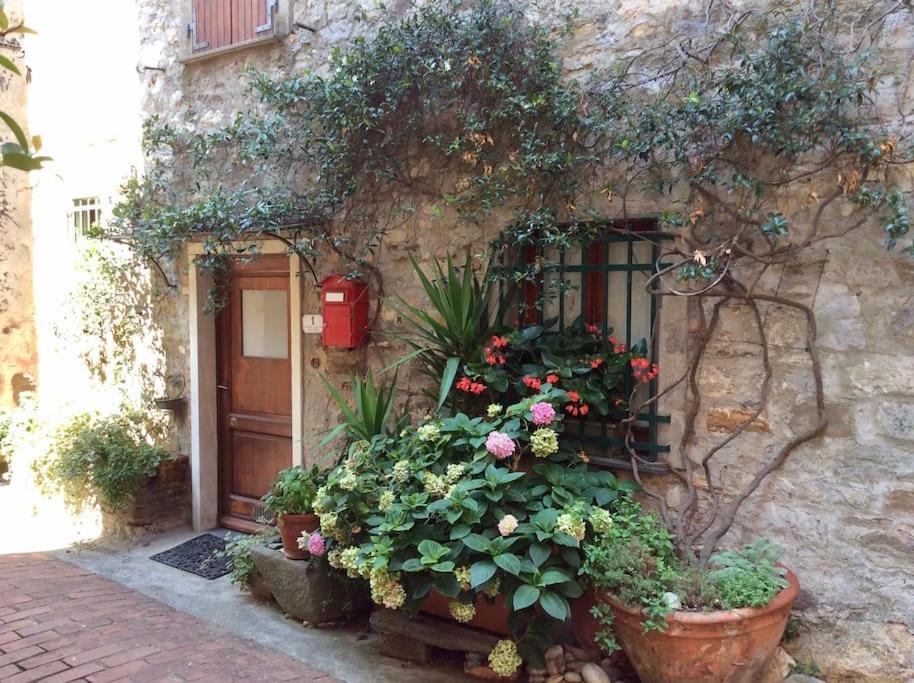 een gebouw met bloemen en planten voor een deur bij La Casa di Mezzo - The Middle House in Monte Marcello