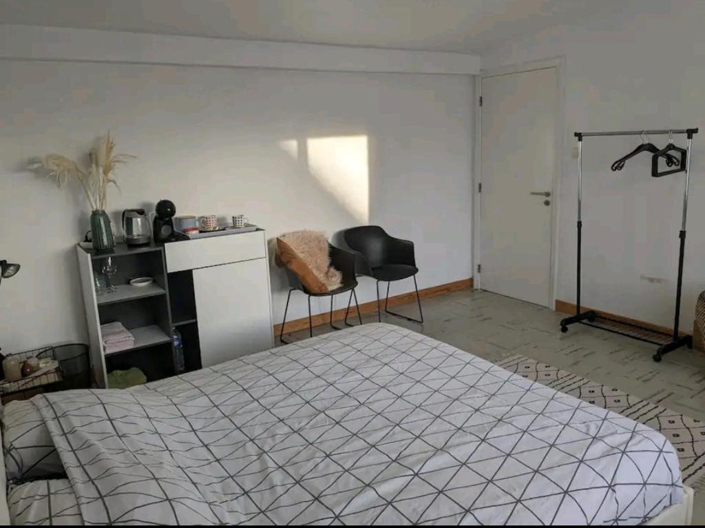 una camera con un letto e una sedia di Tweepersoonskamer centrum Poperinge a Poperinge