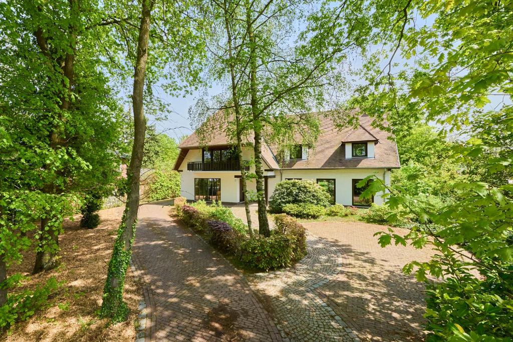 a house in the woods with a driveway at Villa Bosrijk in Lommel