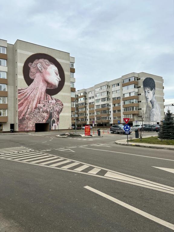 a building with a painting of a goat on the side of it at Warm Apartament Nou in Bacău
