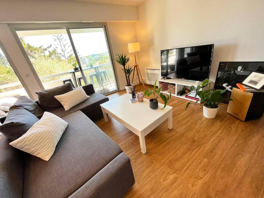 un salon avec un canapé et une table dans l'établissement Superbe Appartement, Cap d'Antibes - Clim, Parking, Terrasse vue mer, à Antibes
