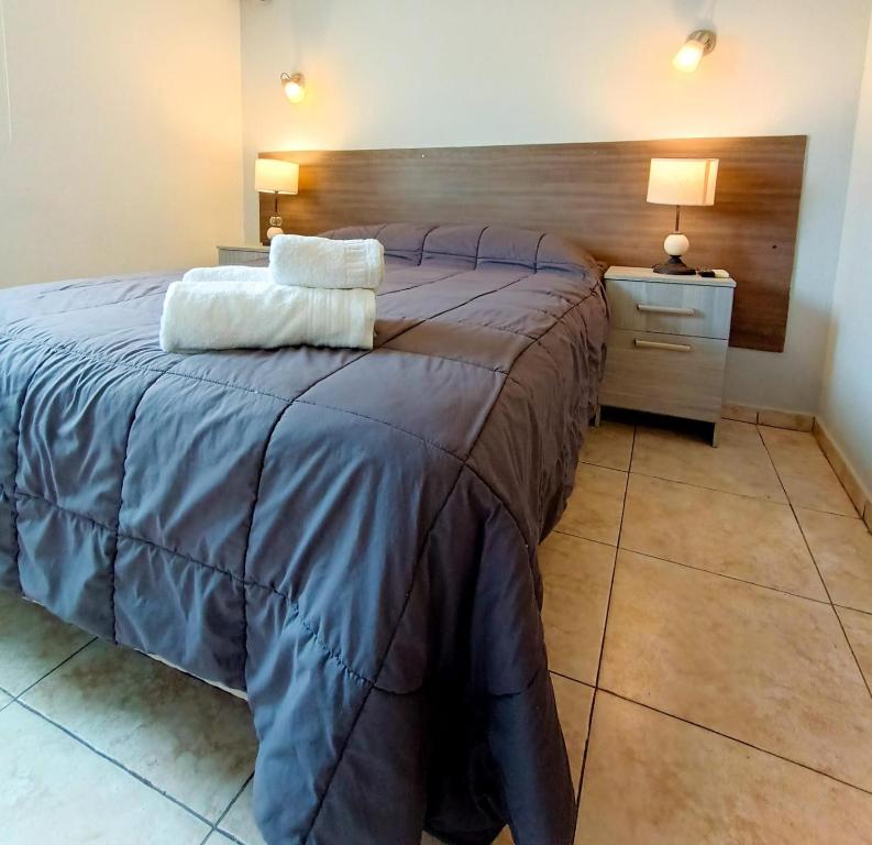 Un dormitorio con una cama grande con dos almohadas encima. en Hotel Estrella Andina, en San Juan
