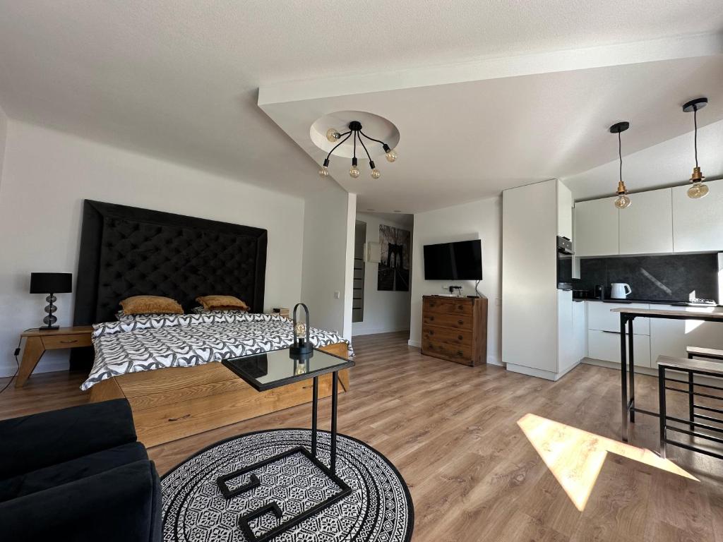 ein Schlafzimmer mit einem Bett und ein Wohnzimmer in der Unterkunft Hugo apartment in Šiauliai