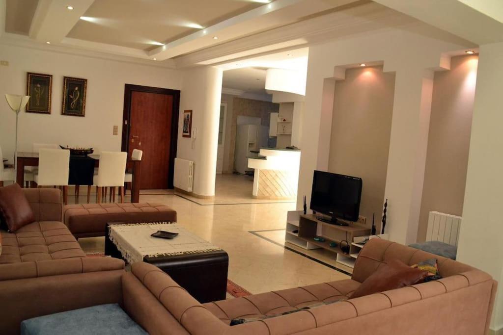 ein Wohnzimmer mit 2 Sofas und einem TV in der Unterkunft Superbe appartement a La Marsa in La Marsa