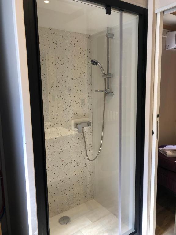 La salle de bains est pourvue d&#39;une douche avec une porte en verre. dans l&#39;établissement Camping La Pinède, à Calvi
