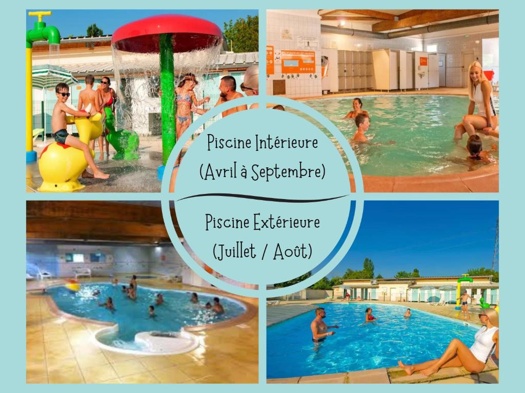 a collage of photos with people in a pool at Mobilehome climatisé avec TV pour 4 à 6 personnes in Boofzheim