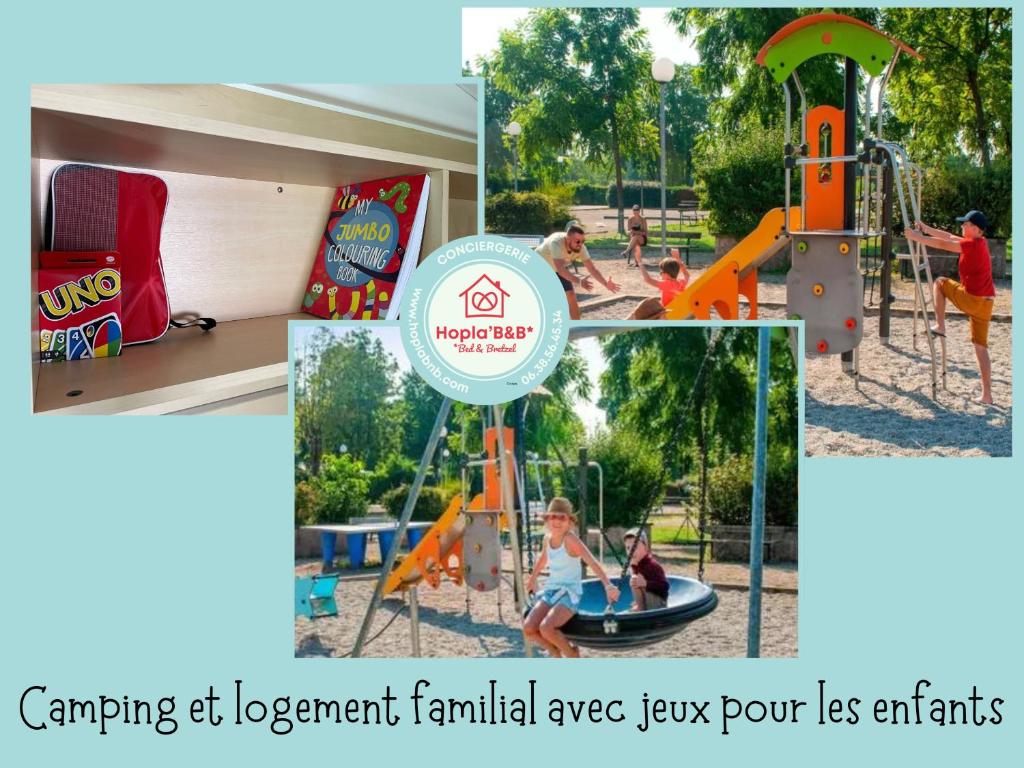 a collage of photos of a park with a playground at Mobilehome climatisé avec TV pour 4 à 6 personnes in Boofzheim