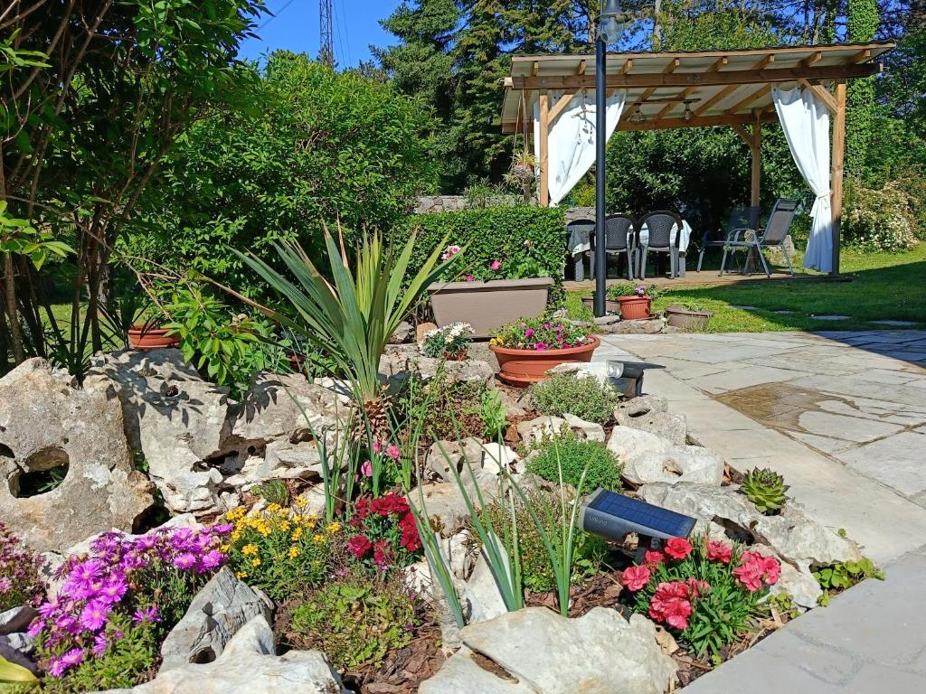 Residence Ruje في Prepotto: حديقة فيها صخور وزهور في ساحة