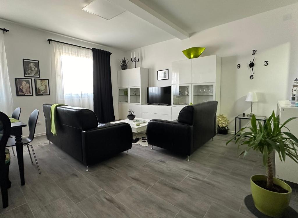 a living room with two chairs and a table at Košava in Golubac