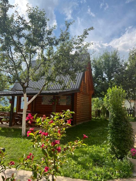 une petite maison en bois avec un toit en métal dans l'établissement Guest House Kollata, à Vusanje