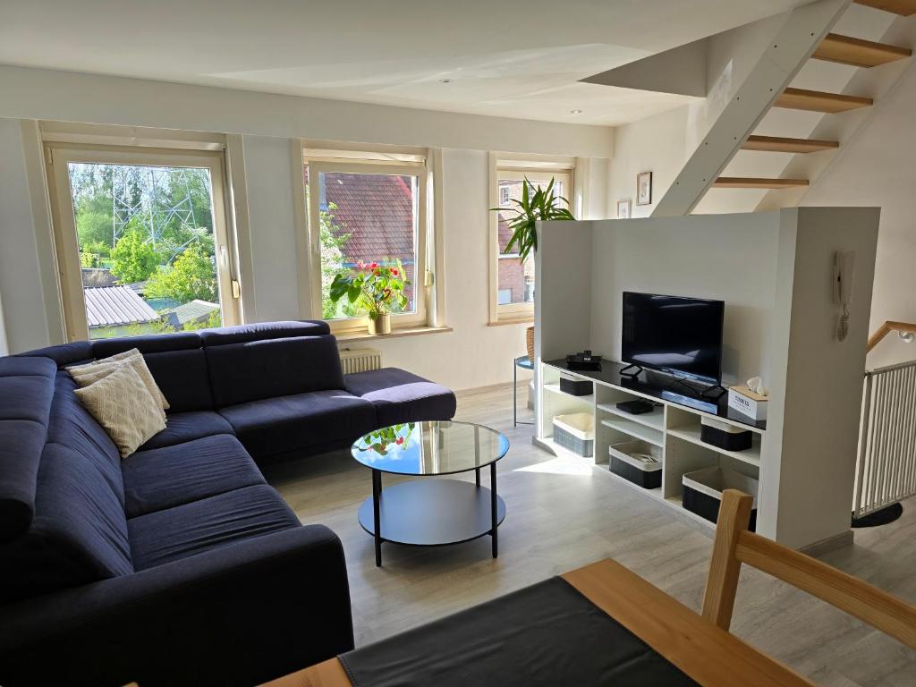 a living room with a couch and a tv at B&B des Ambres in Denderleeuw