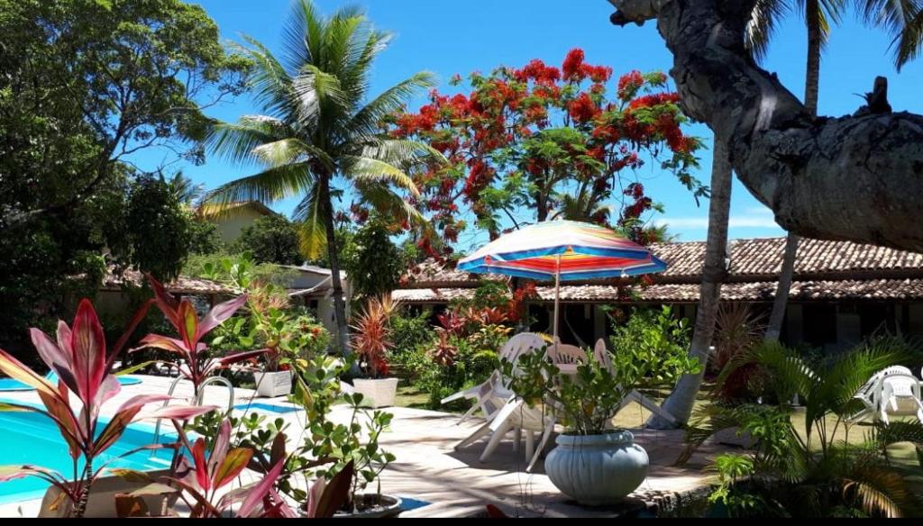 un jardin avec une piscine, un parasol et des palmiers dans l'établissement Pousada Verdes Mares, à Santa Cruz Cabrália