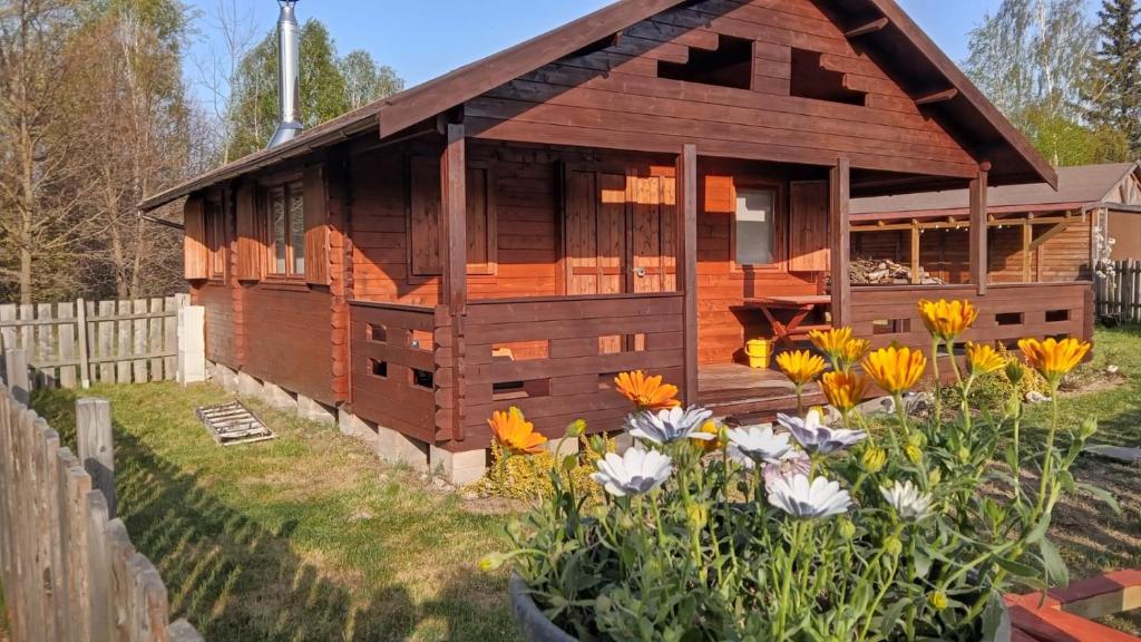 a log cabin with flowers in front of it at Betula Izerska in Przecznica