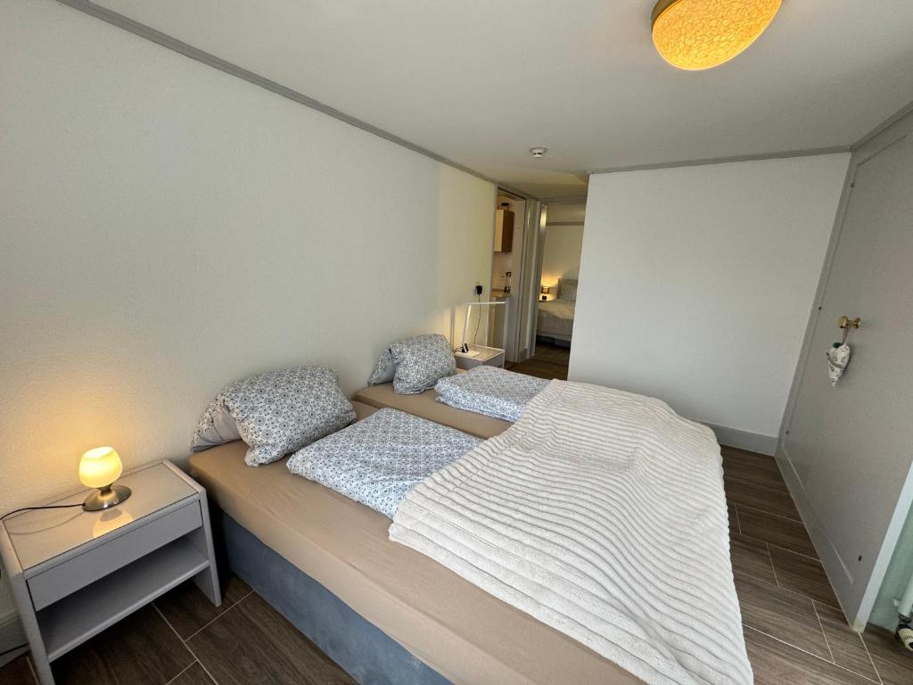 ein Schlafzimmer mit 2 Betten und einer Lampe auf einem Tisch in der Unterkunft 2 Rooms with kitchen by Interlaken in Därligen