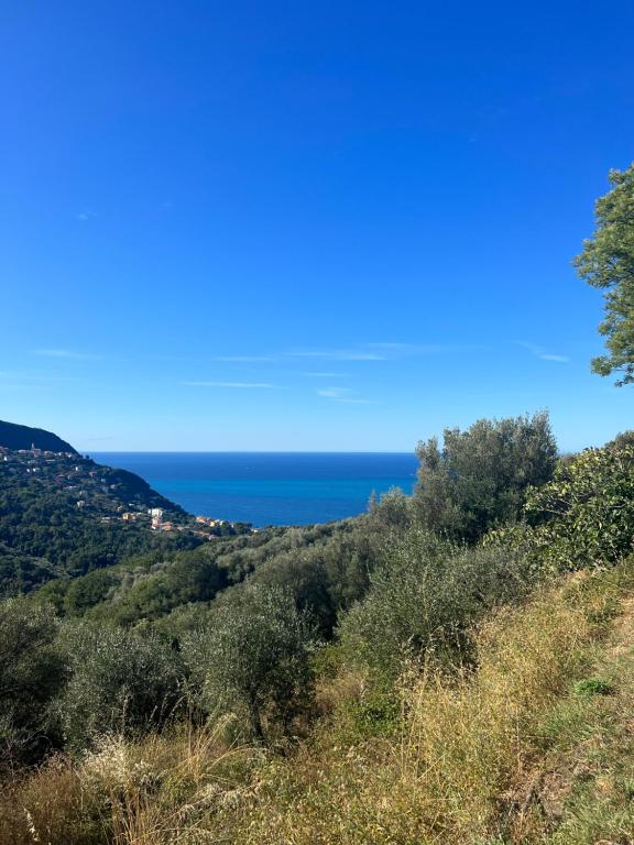 uma vista para o oceano a partir de uma colina em Olivetta House Holiday em Moneglia