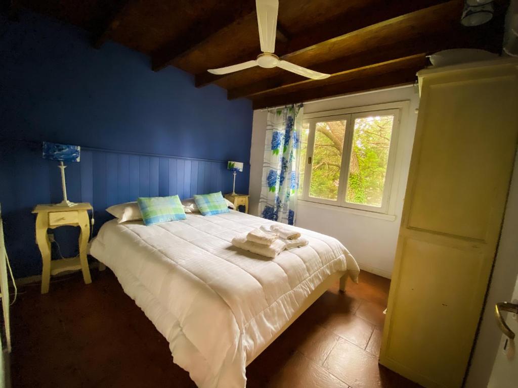 a blue bedroom with a bed and a window at Cabañas Refugio del Ángel in Tandil
