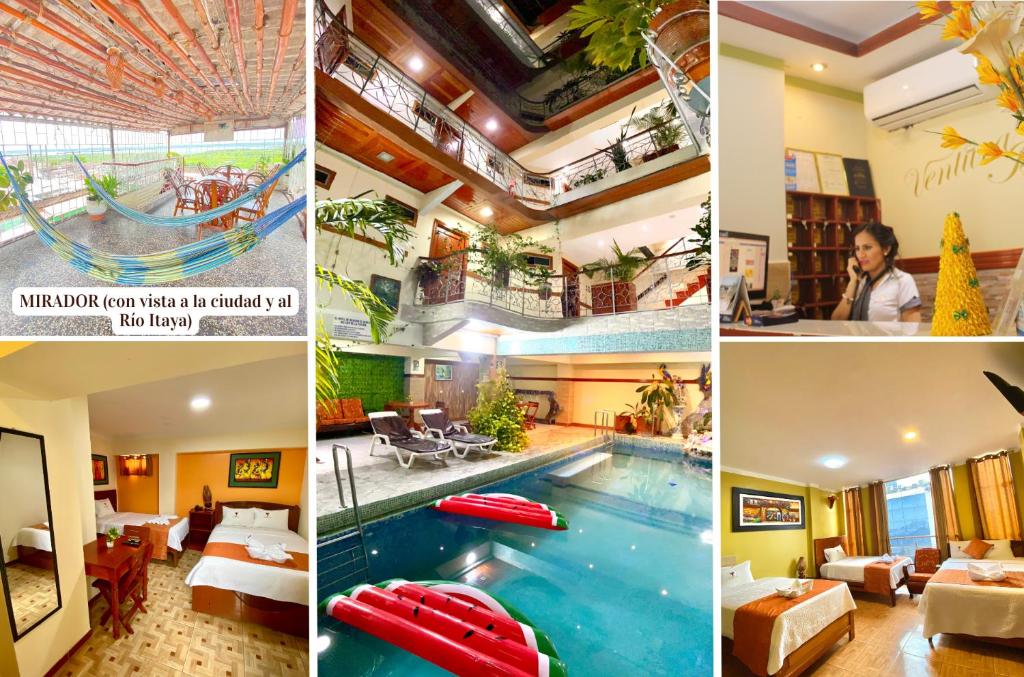 a collage of photos of a hotel with a pool at Hotel Ventura Isabel in Iquitos
