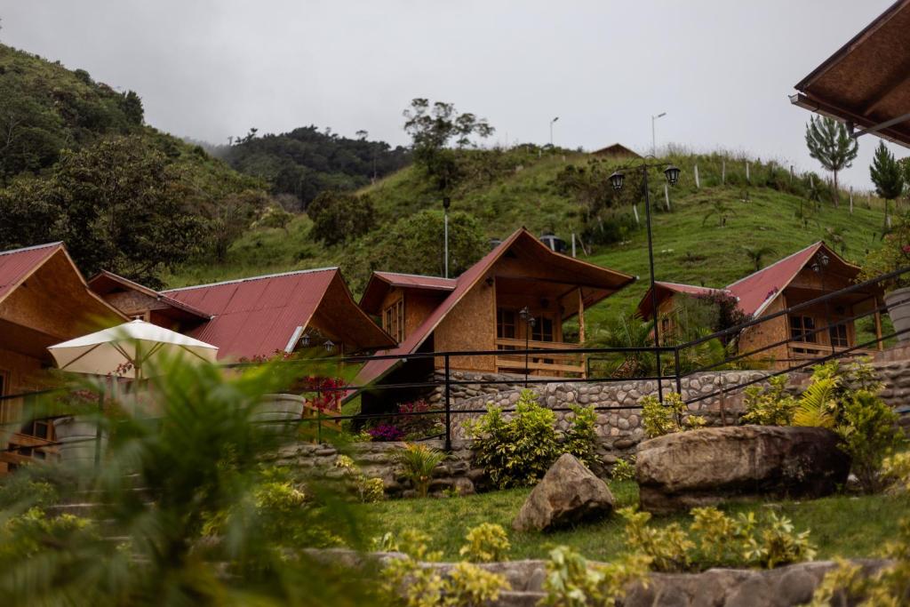 un grupo de casas en una colina con césped en Lodge la Arboleda de Paz, en Oxapampa
