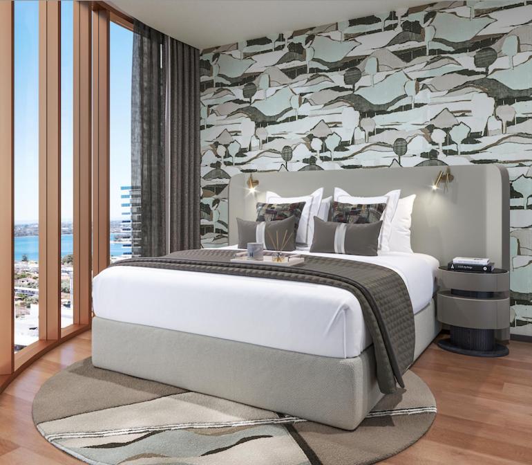 een slaapkamer met een groot bed met een muur van vis erop geschilderd bij Forbes Manaa Living in Perth