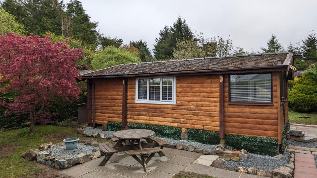 a log cabin with a picnic table and a picnic table sidx sidx at Cabin Aelwyd Snowdonia in Trawsfynydd