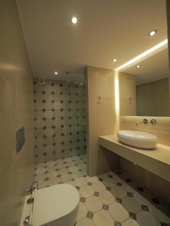 La salle de bains est pourvue de toilettes, d'un lavabo et d'une douche. dans l'établissement Sophia Town Square Areopoli, à Areópoli