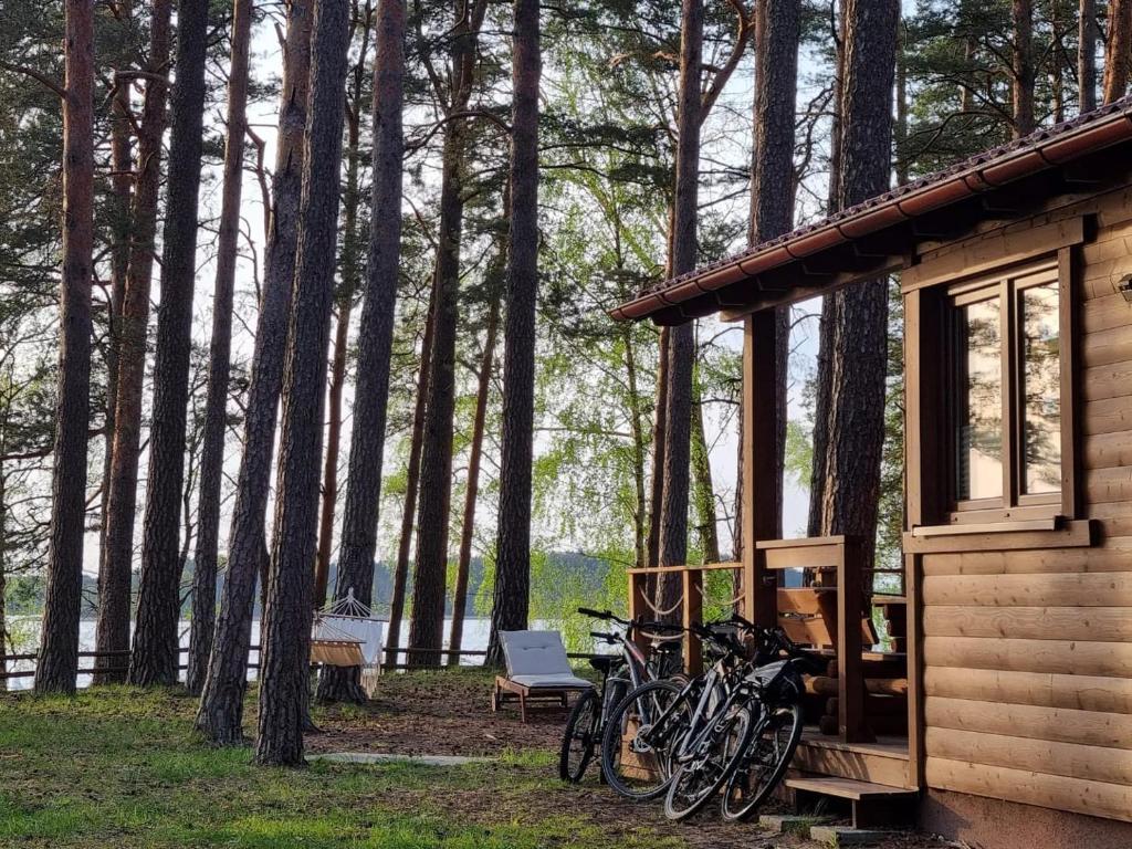 a group of bikes parked outside of a cabin at Jasnochówka 16 Domek z Bezpośrednim Widokiem na Jezioro in Borsk