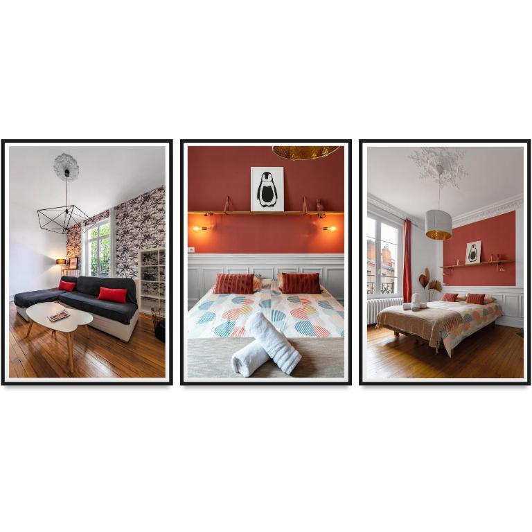 quatre photos d'un salon aux murs rouges dans l'établissement Le Joffre - Appartement calme et lumineux en centre ville, à Vichy