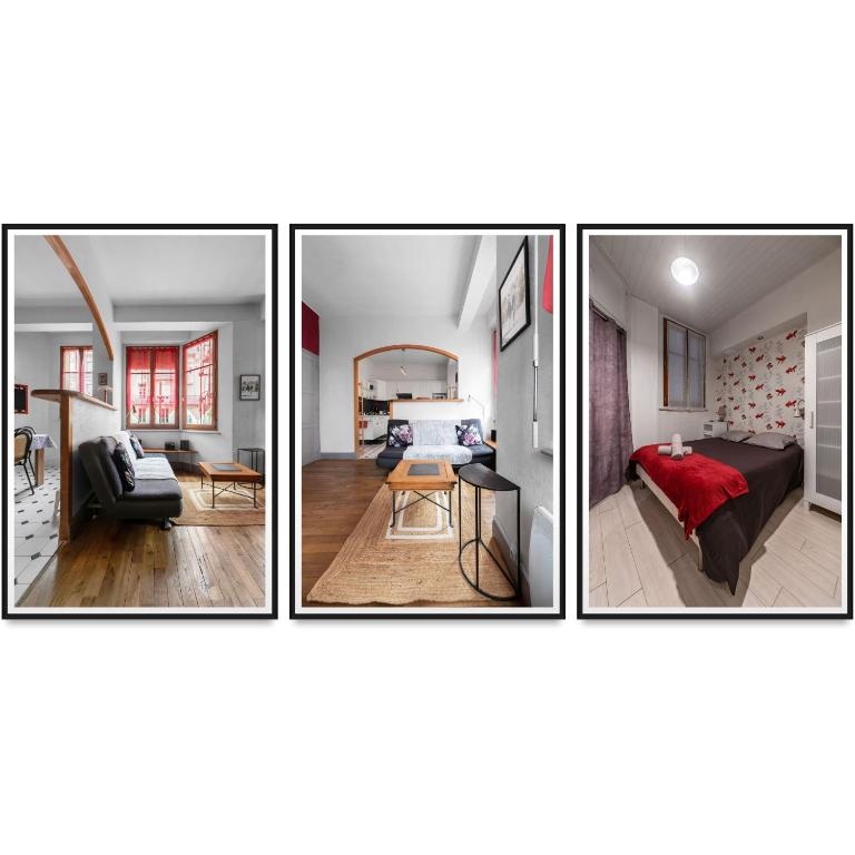 trois photos d'un salon et d'une chambre dans l'établissement Le Lasteyras - Appartement charmant en centre ville, à Vichy