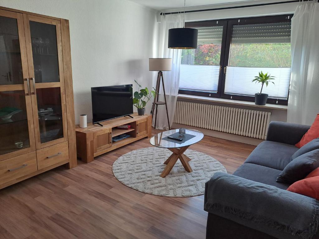 a living room with a couch and a tv and a table at Naturnahe Wohnung in Uelzen