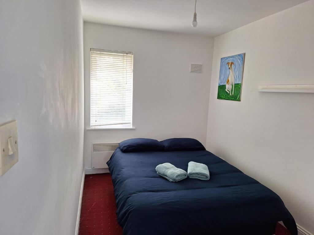 Double Room Clontarf House-3 في دبلن: غرفة نوم بسرير ازرق ونافذة