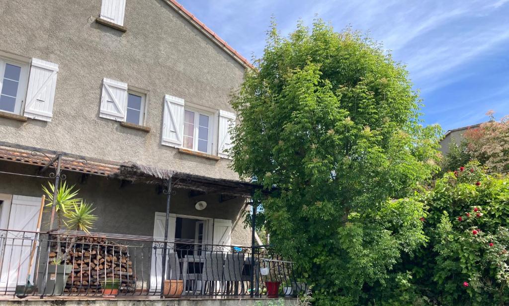 a large tree in front of a building at Maison de village in Valle-di-Rostino
