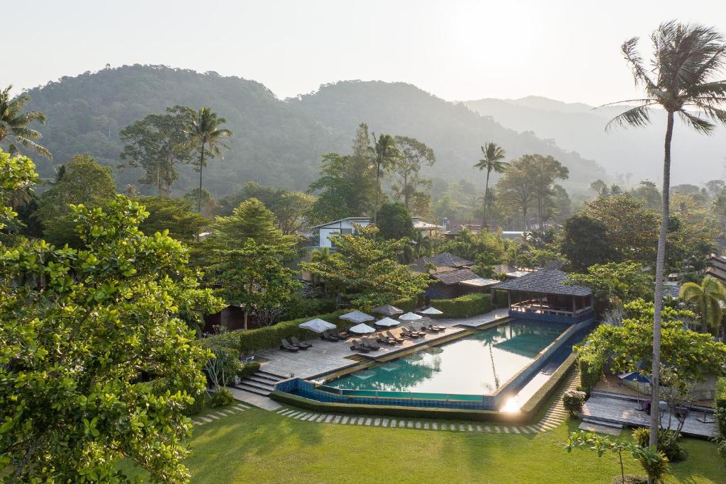 an aerial view of a resort with a swimming pool at GajaPuri Resort Koh Chang in Ko Chang