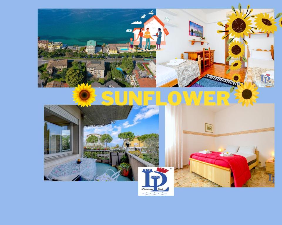 een collage van foto's van een slaapkamer met zonnebloem bij DesenzanoLoft Il girasole del Lago in Desenzano del Garda