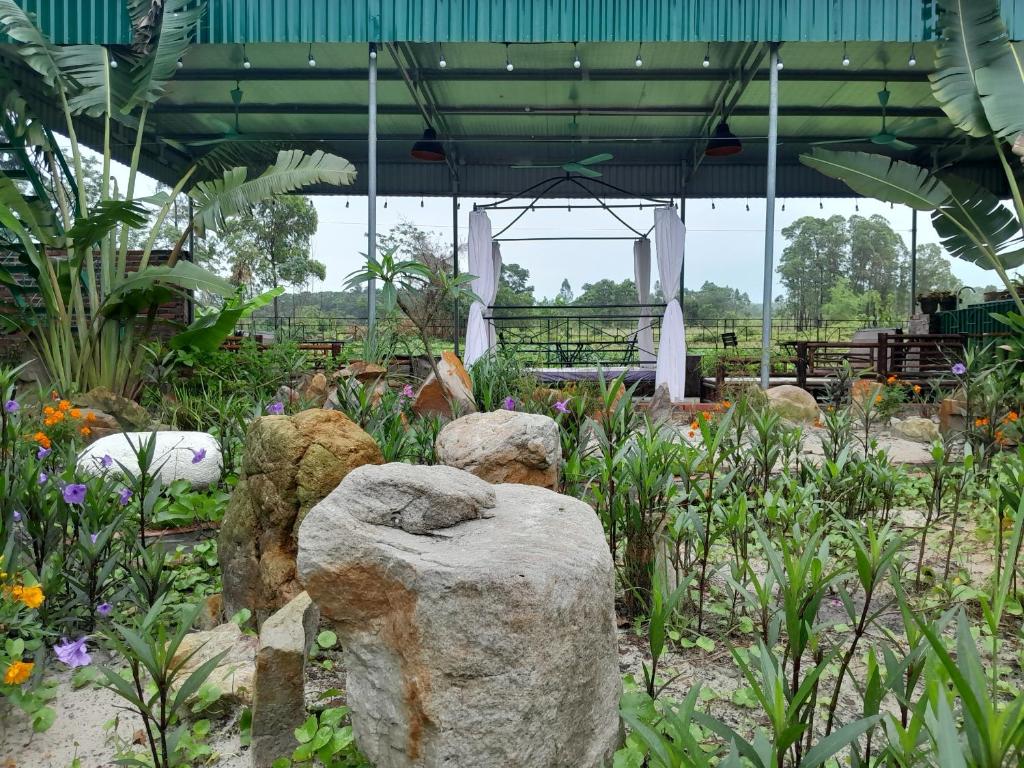 un giardino con due statue in pietra in un giardino di Mina Café & Stay a Quan Lạn
