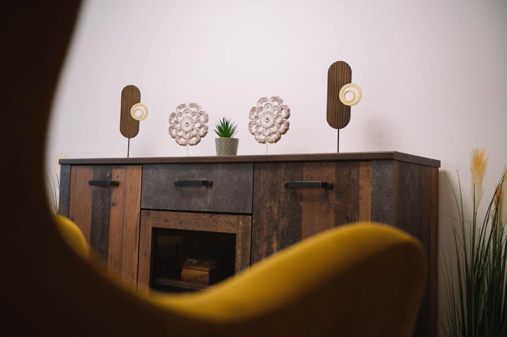 a fireplace in a living room with some plants on it at Casa Vatra Sinteului - Cu sala de evenimente de capacitate mare - Se inchiriaza integral in Socet