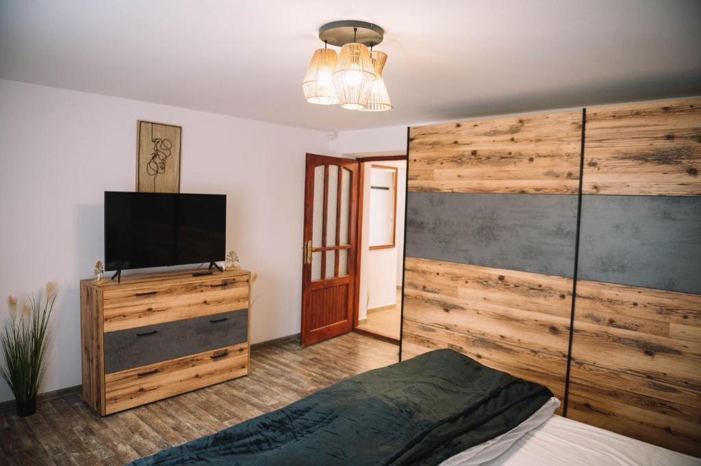 a bedroom with a bed and a flat screen tv at Casa Vatra Sinteului - Cu sala de evenimente de capacitate mare - Se inchiriaza integral in Socet