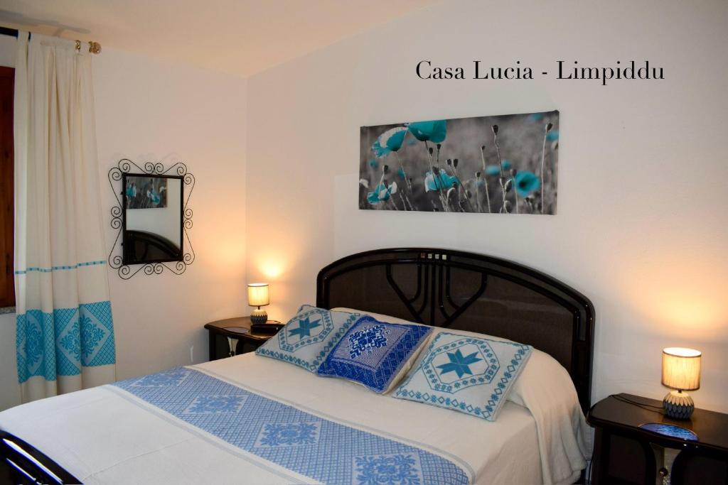 ブドーニにあるCasa Luciaのベッドルーム1室(青と白の枕が備わるベッド1台付)