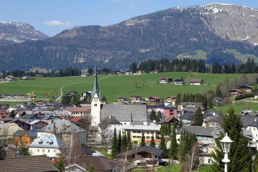 una pequeña ciudad con una iglesia y montañas en el fondo en Gemütliches Appartement in Abtenau mit Garten und Terrasse, en Abtenau