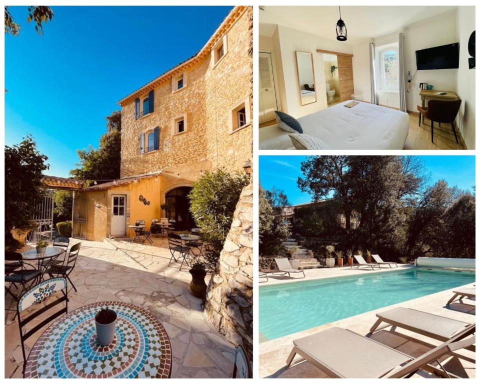 a collage of pictures of a house and a swimming pool at Hôtel La Bastide de Vaison in Vaison-la-Romaine