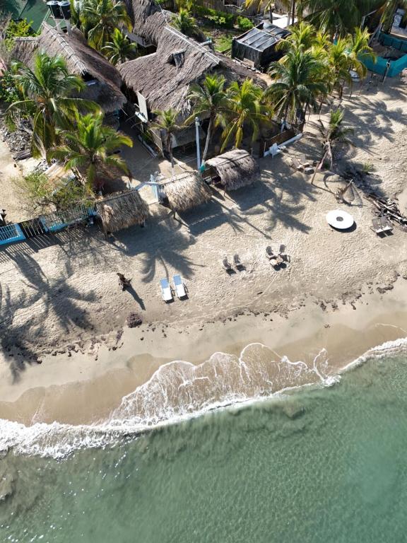 una vista aérea de una playa con palmeras y el océano en Palenque Beach House en San Onofre