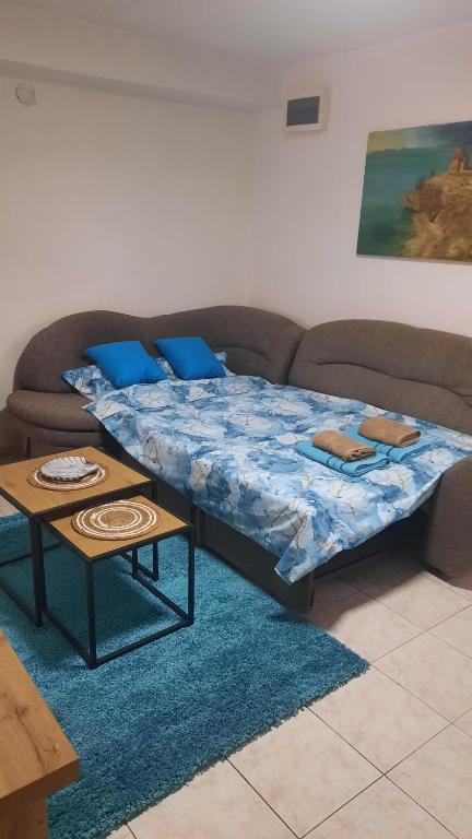 a bed in a living room with a couch at Blue Serenity Apartment in Ohrid