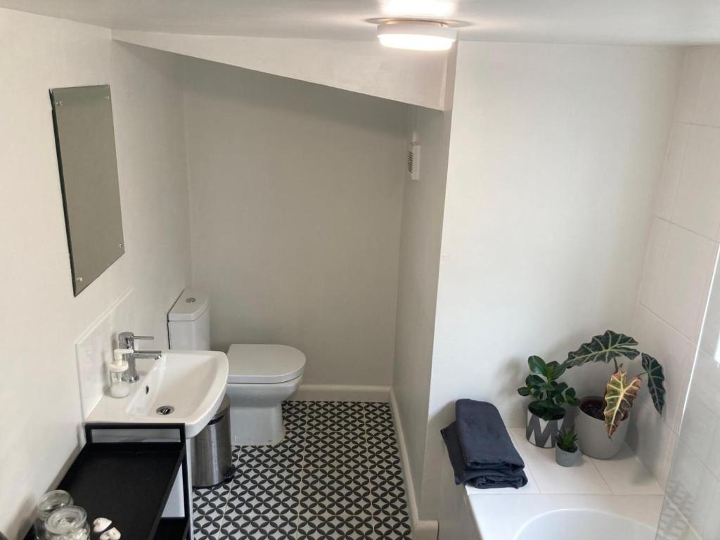 a bathroom with a white toilet and a sink at 3 bedroom house in Bedminster near Wapping Wharf in Bristol