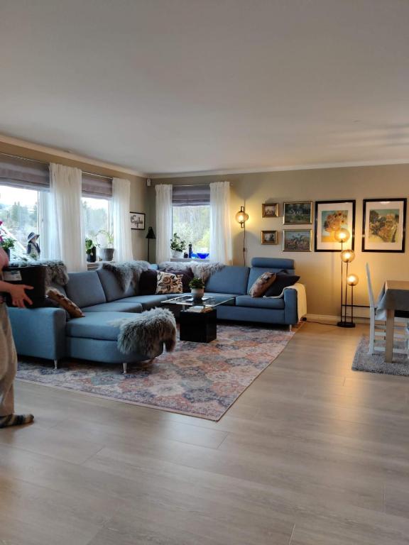 a living room with blue couches and a rug at Nearby Bergen, Midtunlia 27d in Bergen