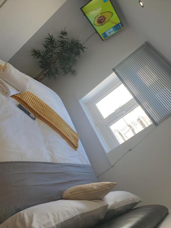 um quarto com uma cama e uma janela em Cosy Sea front LUXURY Studio Apartment Flat Brighton & Hove em Brighton & Hove