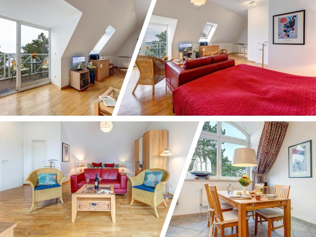 a collage of photos of a bedroom and a living room at Meerblick Heringsdorf in Heringsdorf